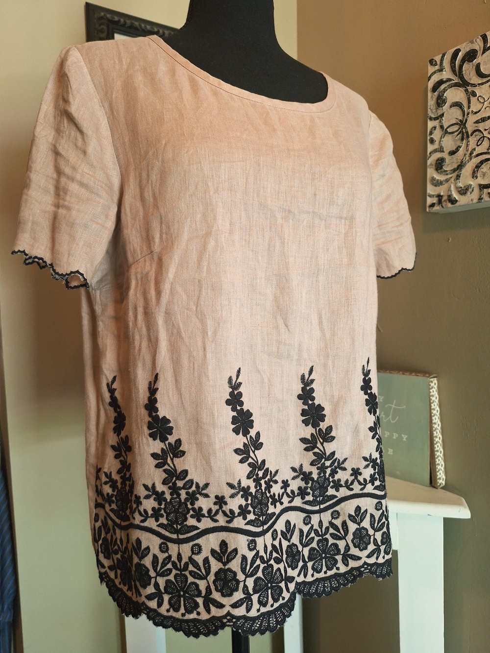 J. Crew 100% Linen Women's Taupe Embroidered Short-Sleeve Top